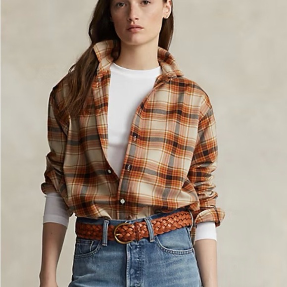 Ralph Lauren Tops - Ralph Lauren Tan and Orange Plaid Shirt